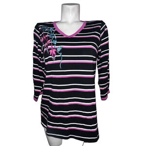 BOB MACKIE Top Size M Pink Blk Wht Striped Floral Embroidered 3/4 Sleeve Shirt